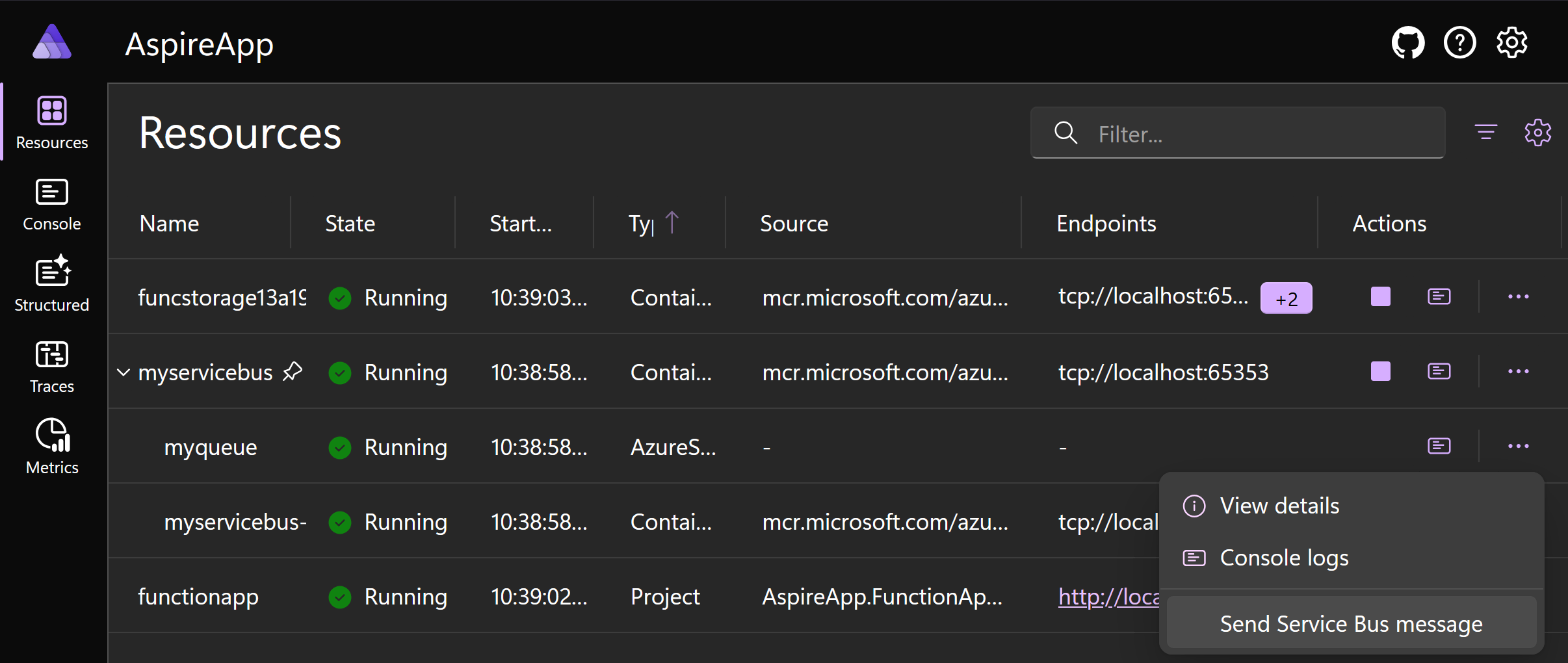 Aspire dashboard displaying the custom command