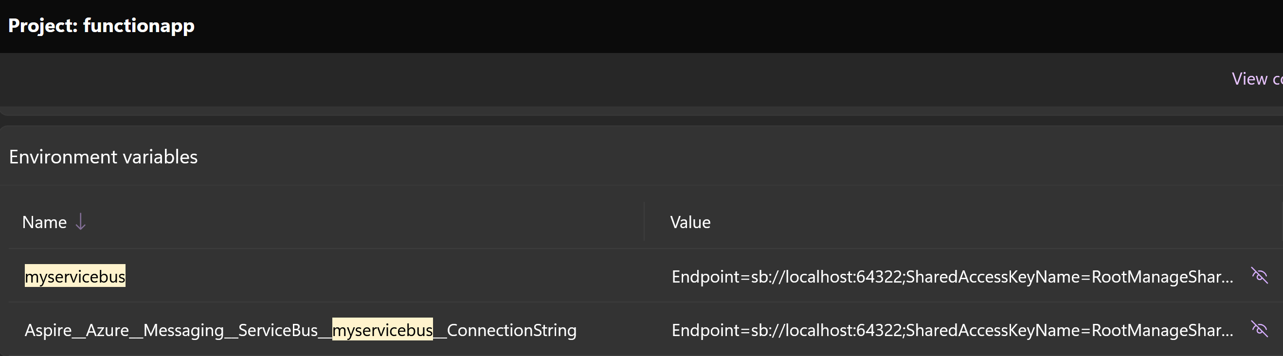 Aspire dashboard displaying myservicebus connectionstrings